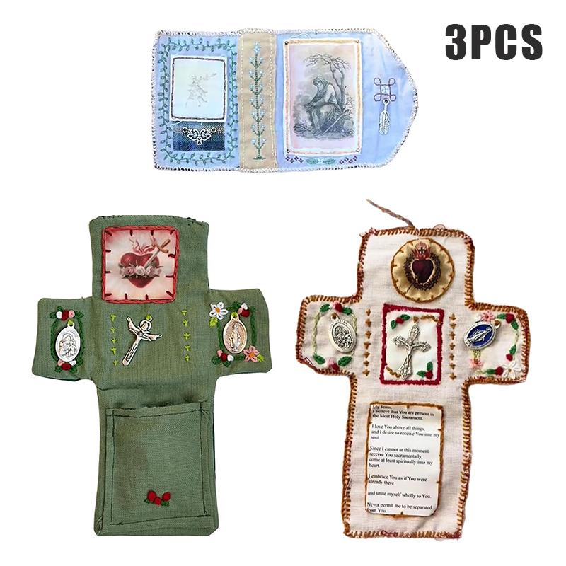 Santuario de Bolsillo con Cruz de Plata Incluida en el Interior, Colcha de Oración Hecha a Mano, Mini Colchas de Escrituras, Regalos Espirituales Cristianos
