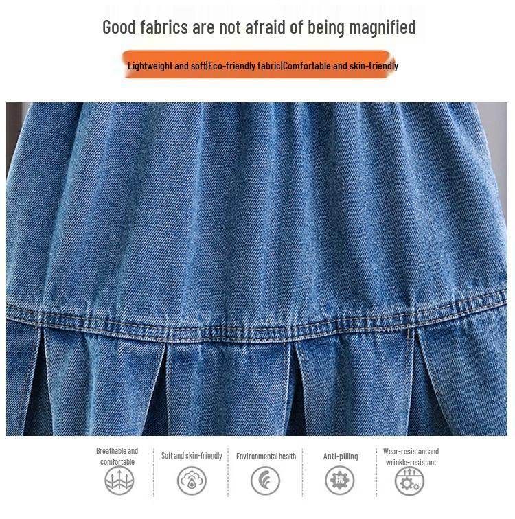 Girls' Korean Style Pleated Denim Skirt - Versatile Summer Fashion for Big Kids