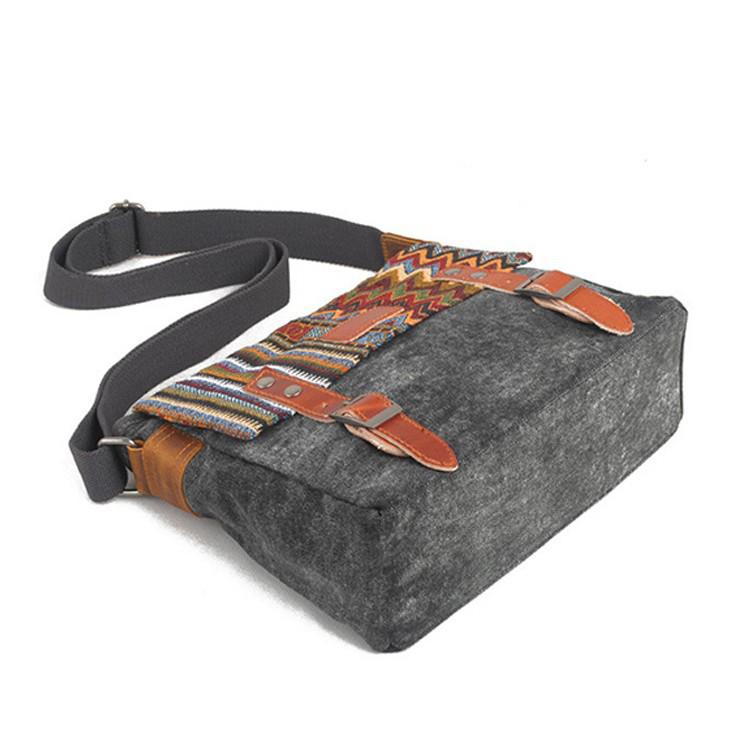 Ethnic Patchwork Canvas Shoulder Bag with Cowhide Buckle and Retro Webbing Design