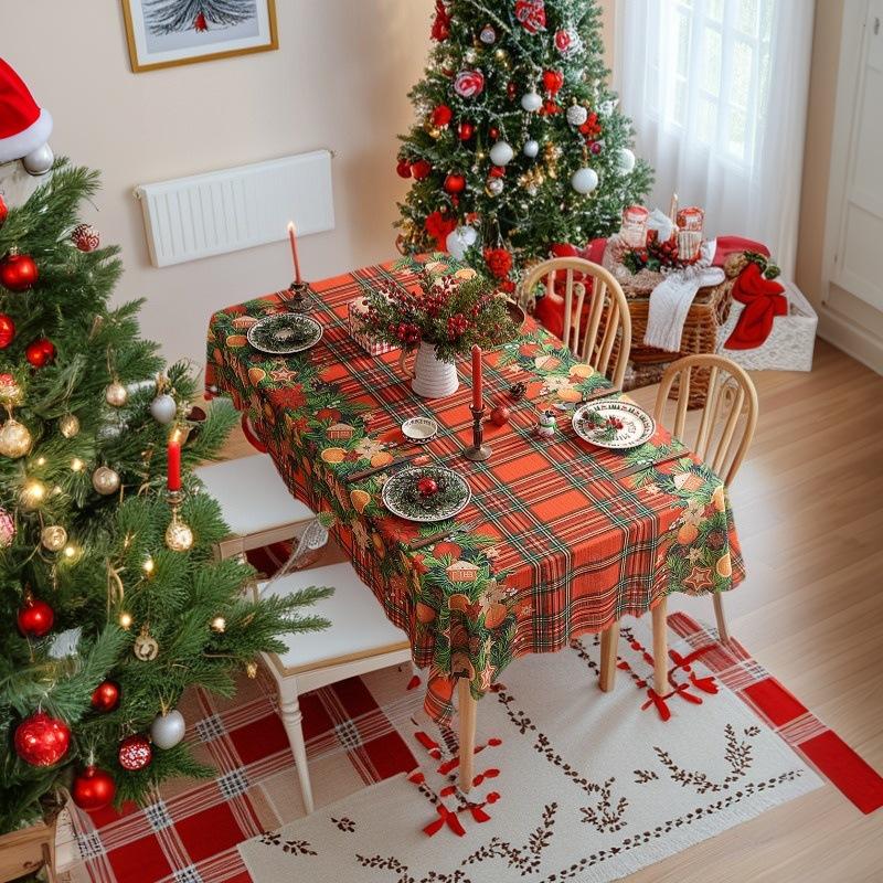New American Table Cloth Christmas Themed Dining Table Cloth Holiday Beautification Decoration Checkered Printing Dust-proof