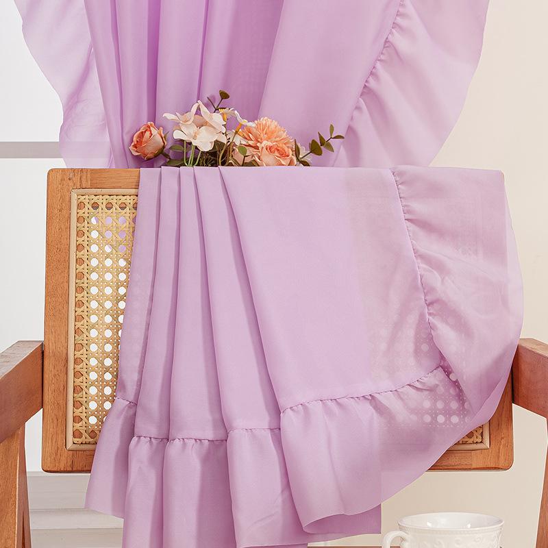 Finished Simple Wind Solid Color Curtain Curtain Dream Ruffle Leaf Edge Translucent Thin Window Screen