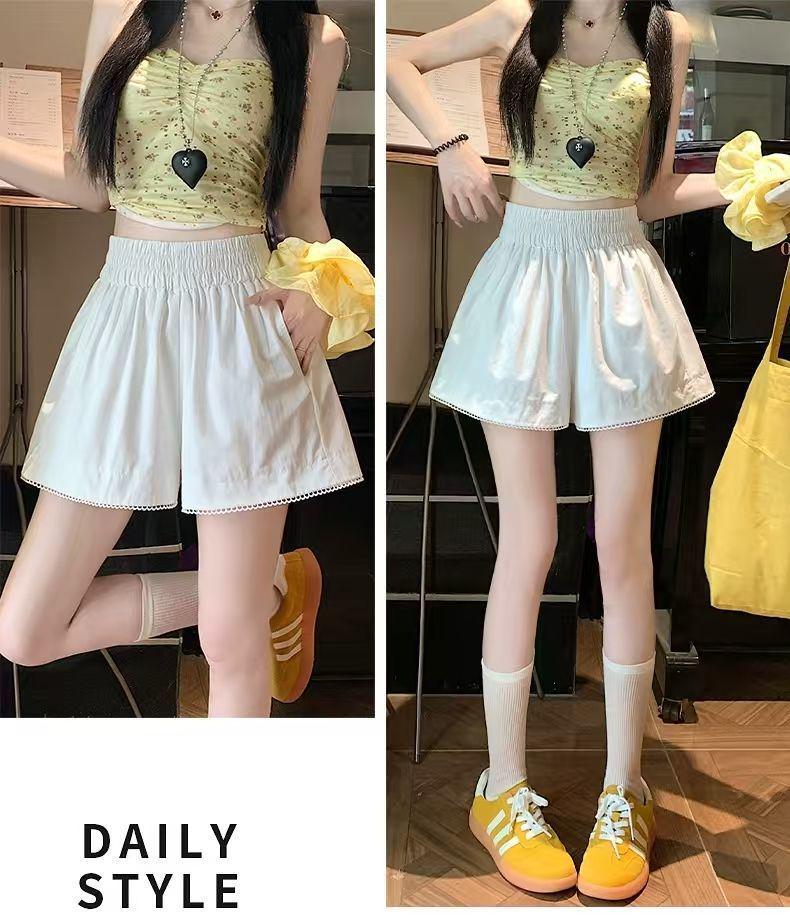 Korean Style Women's Lace Trim Elastic Waist Shorts - 2025 Summer Petite Casual Loose Slimming Wide Leg Pants