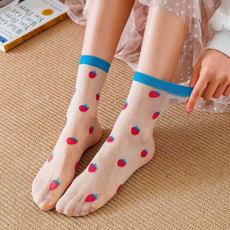 Women Summer Ultra-Thin Transparent Love Crystal Kawaii Socks Girls Breathable Korean Cute Ice Silk Style Sheer Embroidery Socks