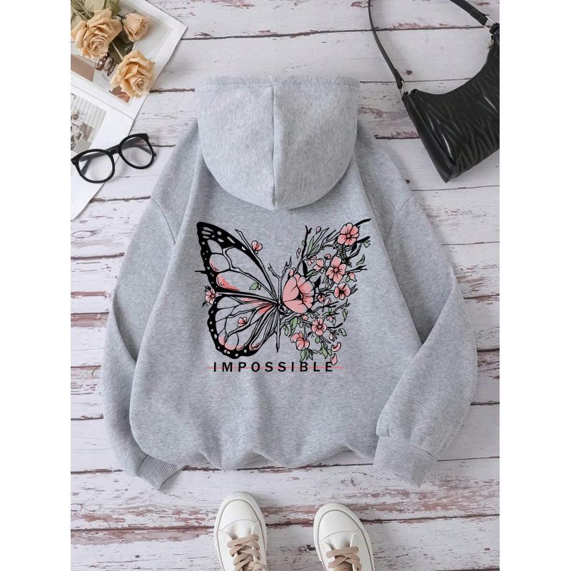 Rose Butterfly Graphic Unisex Hoodie with Drop Shoulder Sleeves