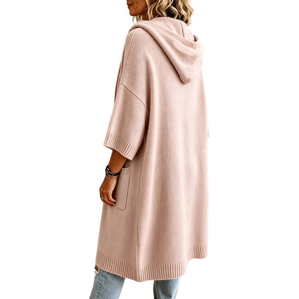 Women's Color Hooded Knit Cardigan with, Soft Thick and Warm, Long Length Three-Quarter Sleeve, Elegant Casual Outerwear for Spring Fall Winter