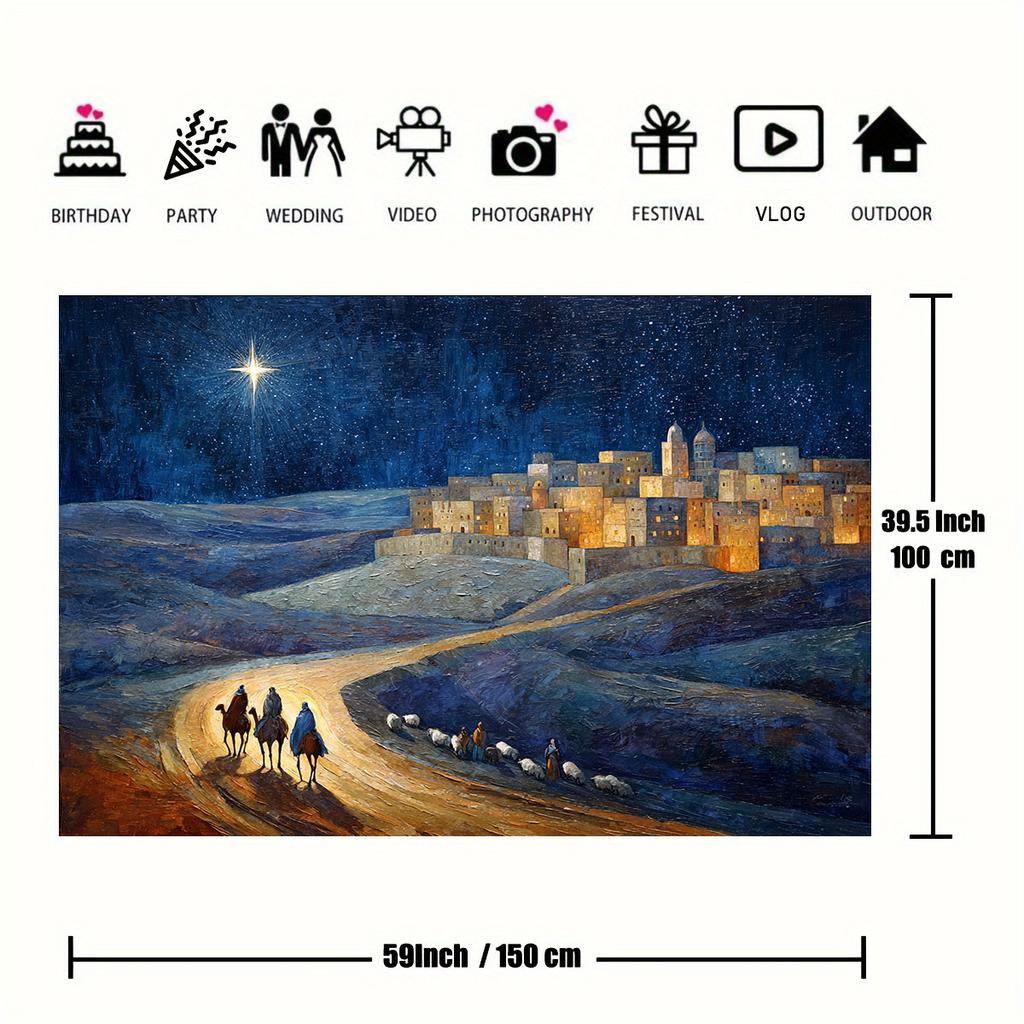 2D plane, 1pc Nativity scene background - traditional Bethlehem City with shepherds, starry sky and the birth of Jesus
