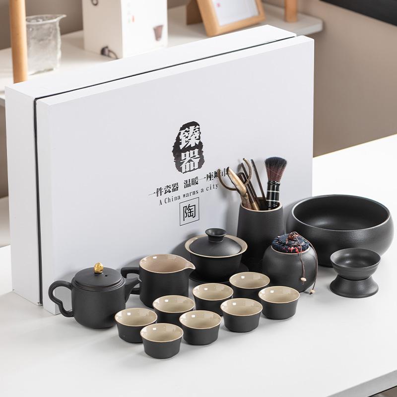 Black Pottery Kung Fu Tea Set Cover Bowl Teapot Tea Cup Tea Set Accessories Complete Tea Tray Business Gifts High-end Gift Box
