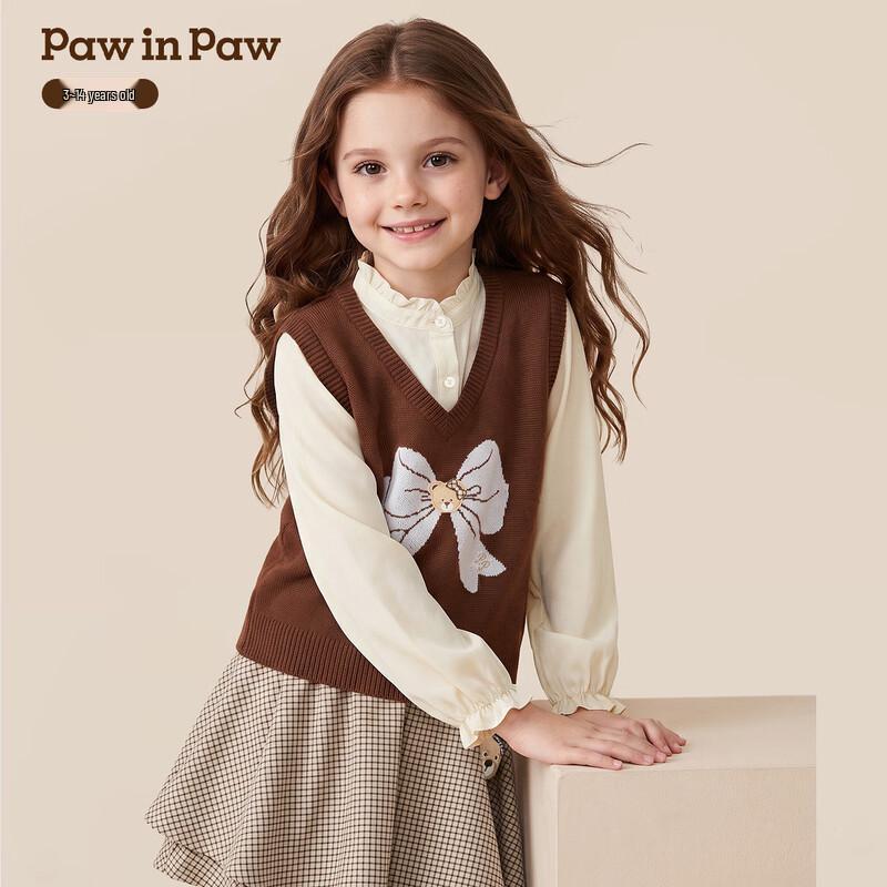 PawinPaw Girls' Cartoon Bear Faux Two-Piece Shirt