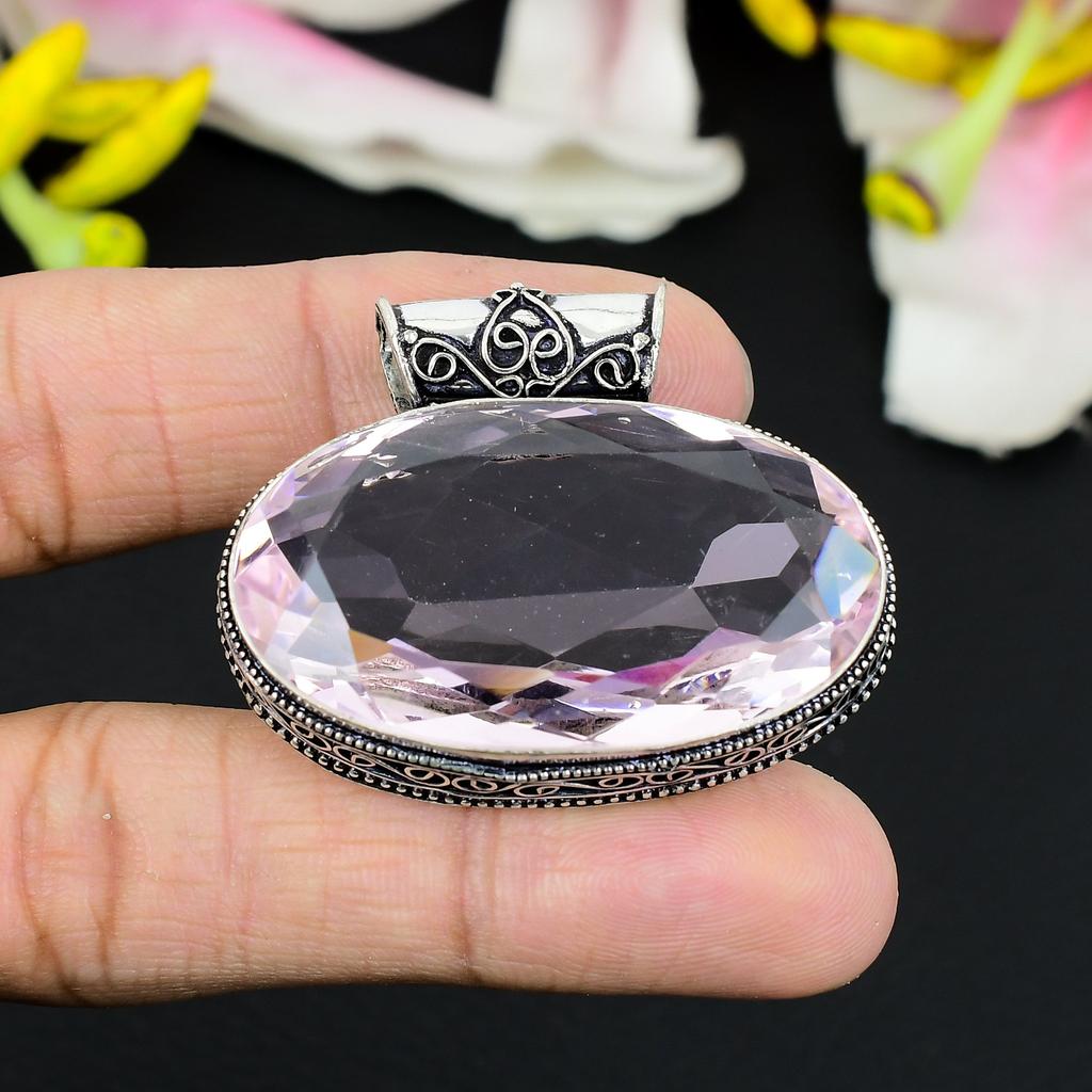 Pink Kunzite Gemstone Handmade 925 Steling Silver Jewelry Pendant 1.38" KG-323
