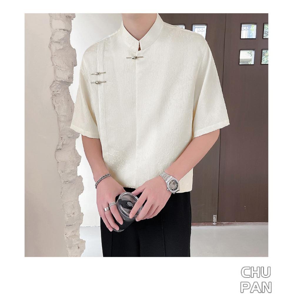 Summer New Chinese Style Jacquard Short Sleeved Shirt Men's New Loose Chinese Style Stand Up Collar Shirt