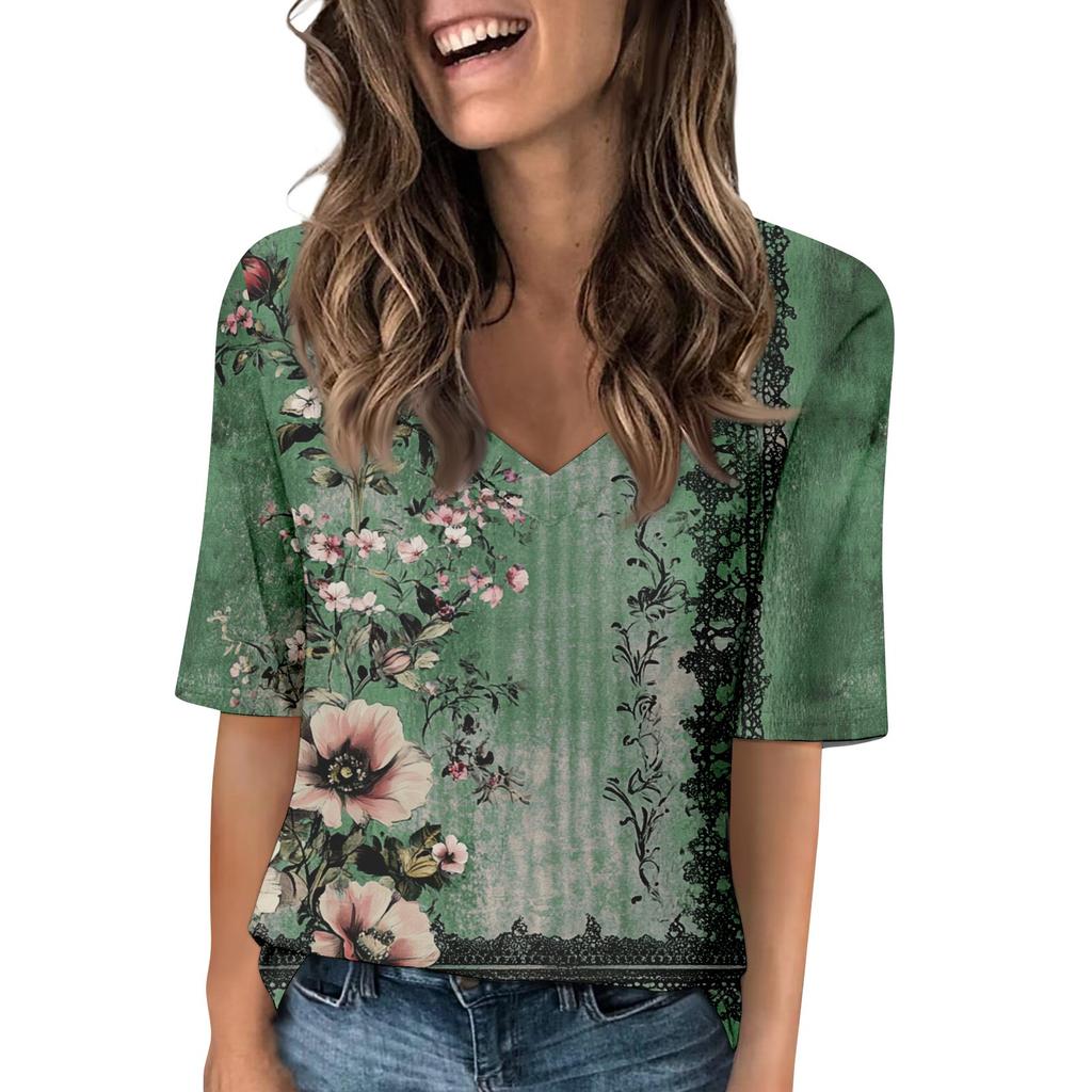 Women's V Neck T Shirts Half Sleeve Tops Printed Casual Summer Tees T Shirt Blouse