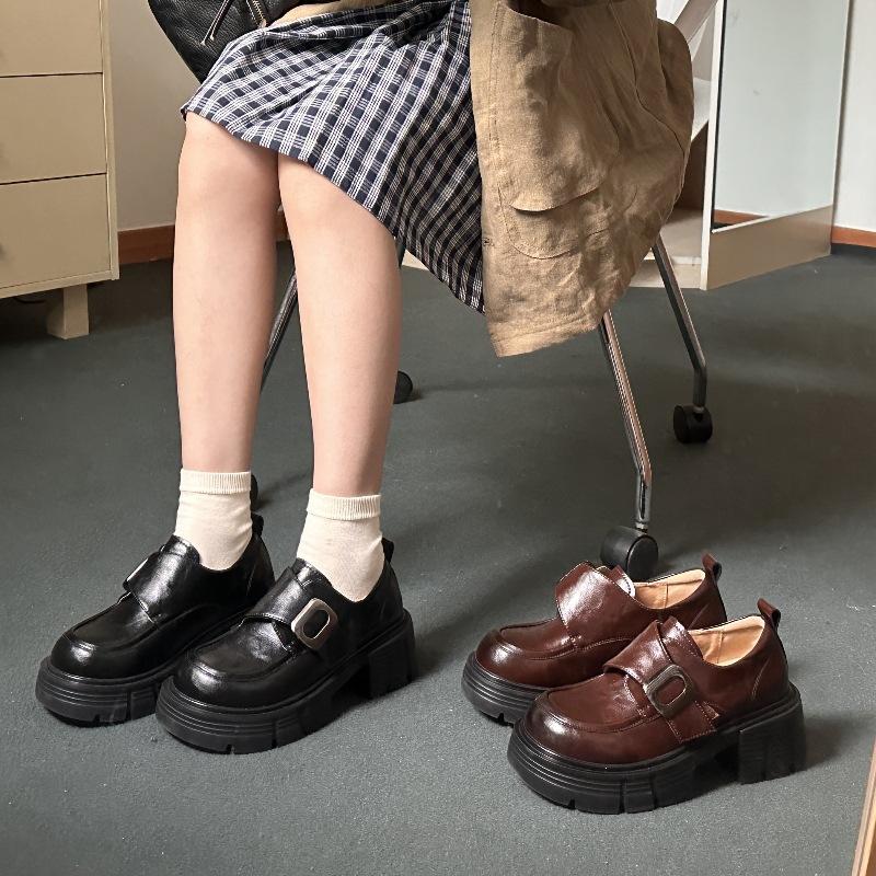 Autumn and winter new retro platform leather small leather shoes genuine leather Japanese college style increased versatile loafers single shoes women