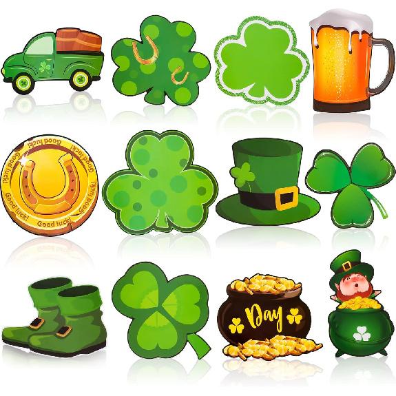 Junkin 60 Pcs St. Patrick s Day Cutouts Classroom Bulletin Border Decoration Shamrock Gold Hat Beer Mug Irish Shoes Cutouts for St. Patrick s Shamrock