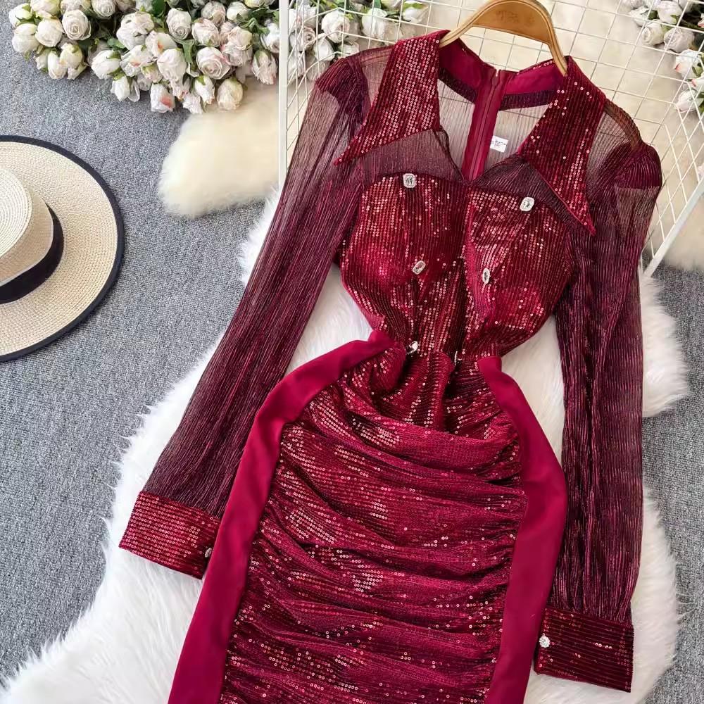 New Autumn Retro Sequins Lapel Pencil Dress Women Clothes Elegant Lady Sheer Sexy Long Sleeve Slim Short Party Birthday Vestidos
