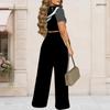 Women Plus Size Round Neck Short Sleeve Heart Printed Crop Top Wide Leg Pants Two Piece Set