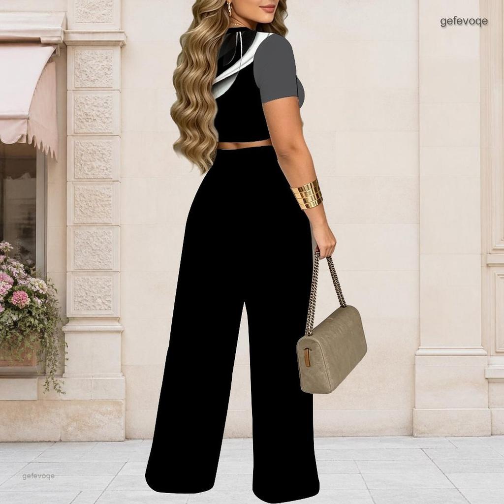 Women Plus Size Round Neck Short Sleeve Heart Printed Crop Top Wide Leg Pants Two Piece Set