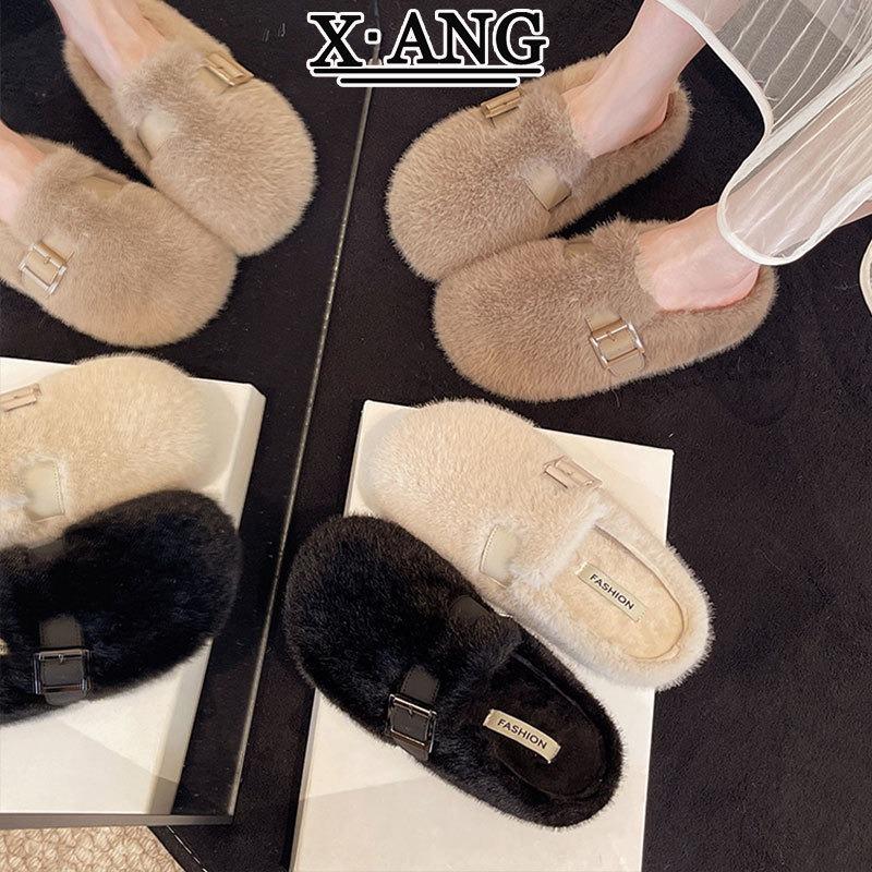 Premium mink hair thick-soled fluffy slippers women wear autumn and winter new fluffy shoes bag head cotton slippers
