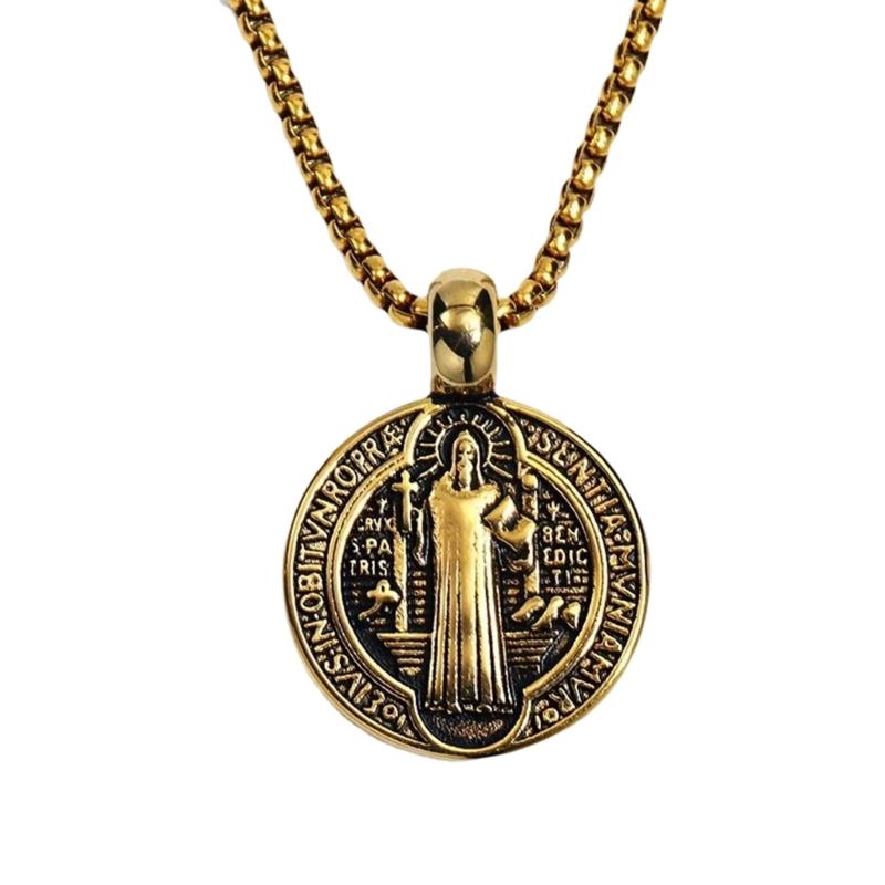 Men Necklace with Double Sided Saint Benedict Symbol Retro Religious Neckchain Alloy Clavicle Chain Fashion Accessory