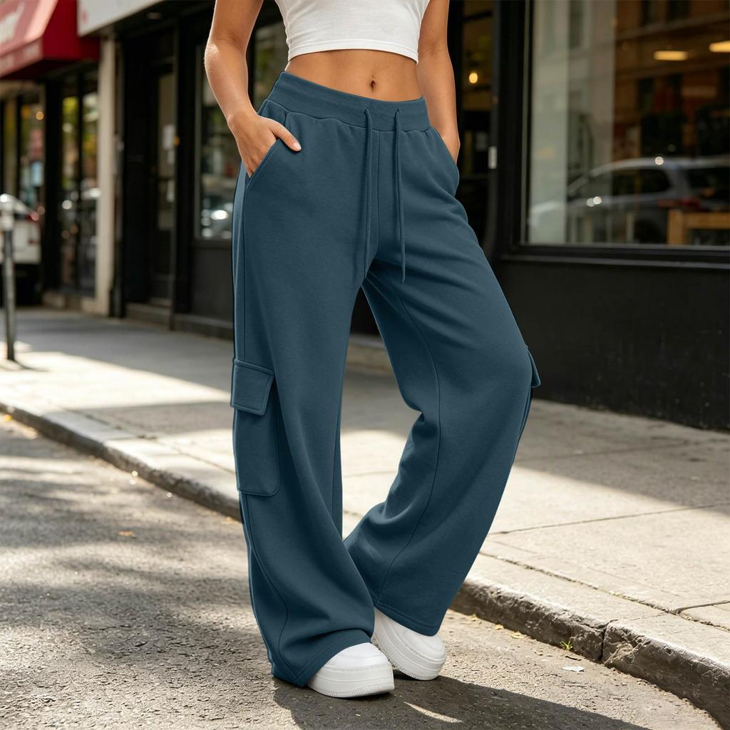 Women Casual Wide Leg Sweatpants with Pockets Drawstring Waistband Loose Fit Cargo Style Lounge Pants for Everyday Wear