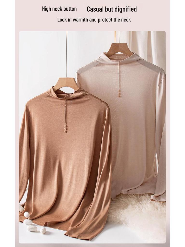 Herbst/Winter Damen Maulbeerseide Semi-High Neck Top mit Knopfdetail