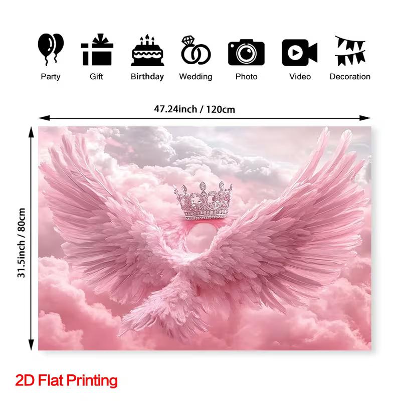 

2D Aesthetic Pink Clouds Banner, Angel Wings & Crown Party Decor 47.2x31.5inch/120*80cm