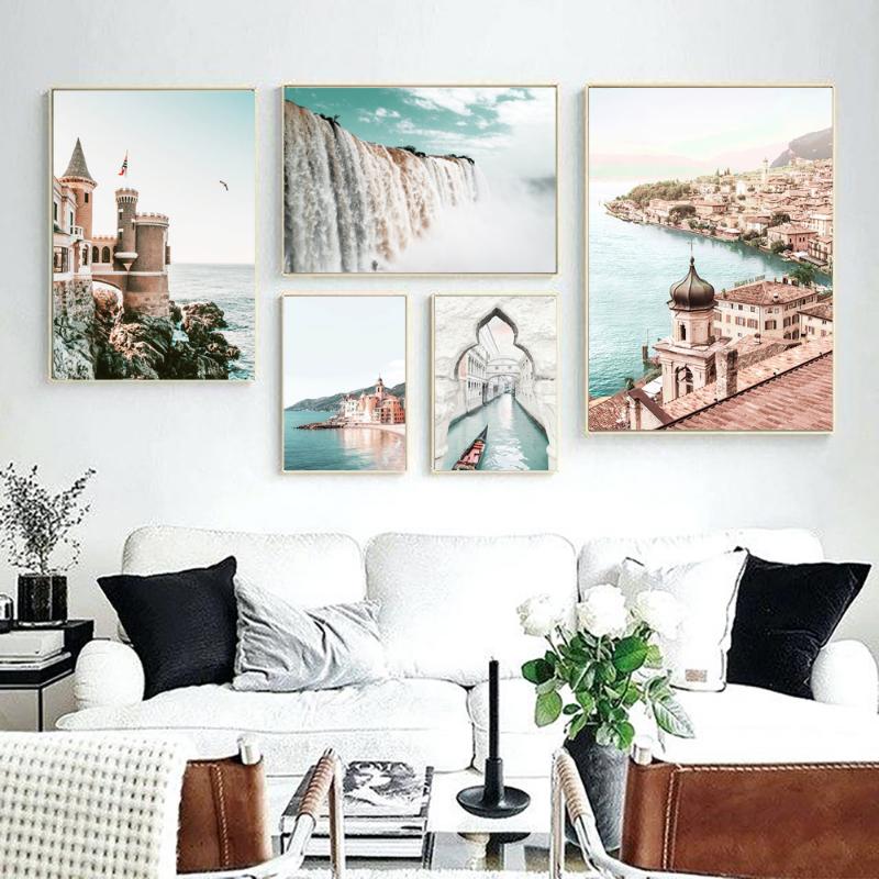 Venice Amalfi Coastal City Poster River Waterfall Canvas Painting Nordic Bedroom Art Wall Picture For Livingroom Home Decoration