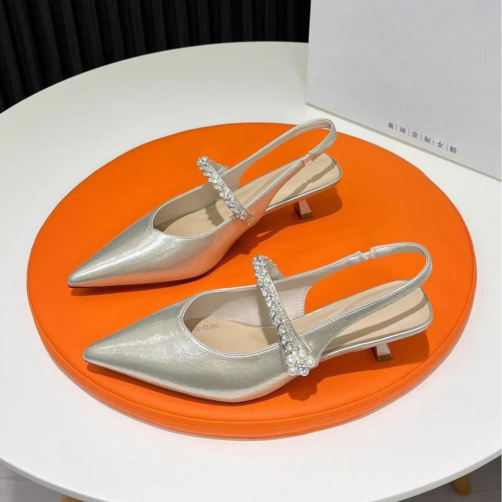 Summer new pointed rhinestone pearl high fashion temperament low heel bag head fashion temperament single shoes women