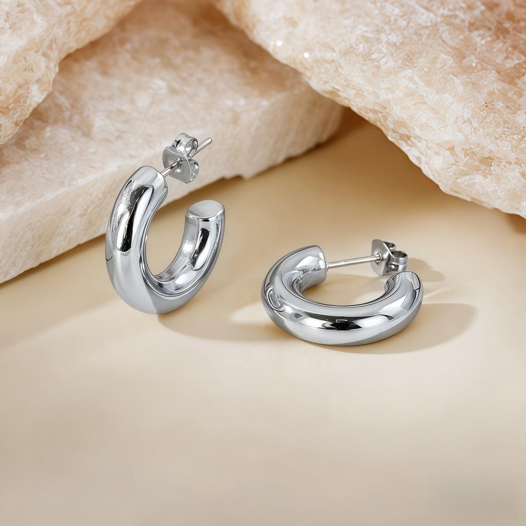 1 Pair Stylish Exquisite Circular Geometric 304 Stainless Steel C Shaped Hoop Earrings For Women Men Jewelry Gift