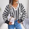 Chic Women's Loose Knitted Sweater with Balloon Sleeve and Contrast Stripe Tie, All Match Tops for Fall Winter