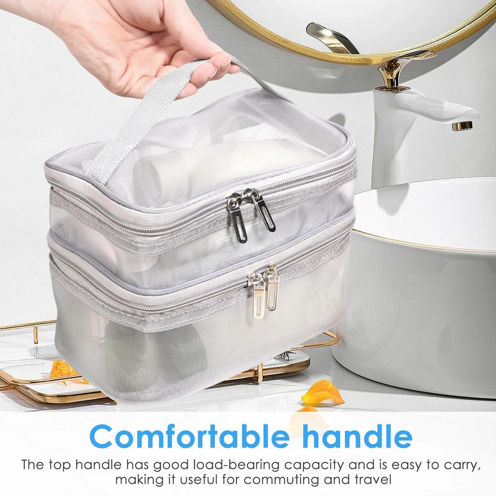 Large Capacity Mesh Cosmetic Bag Double Layer Transparent Travel Toiletry Bag with Handle Portable Makeup Organiser for Women