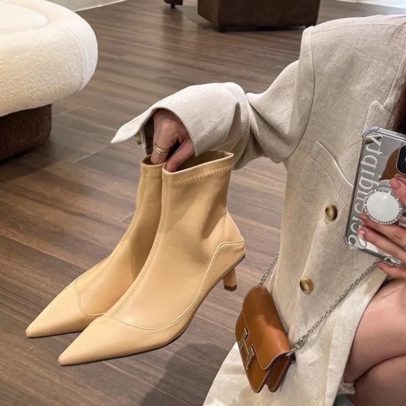 New Style Spring Pointed Toe Women Modern Ankle Boots Fashion Soft Leather Short Booties Concise High Heels Shoes Zapatos Mujer 35 абрикосовый 4780₽