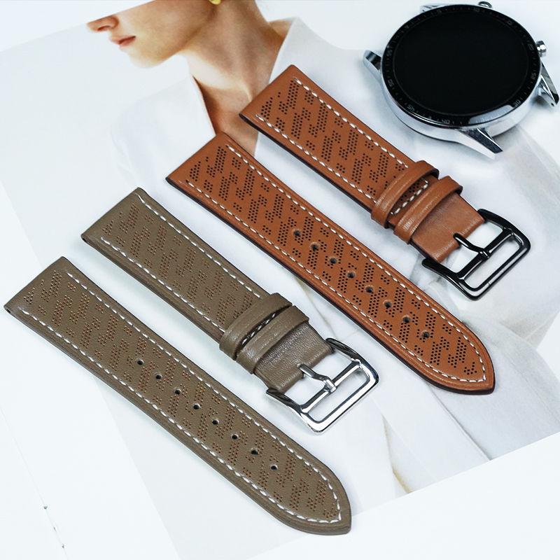 22mm Calf Leather Universal Watch Band for Smart Watch-Genuine Leather Calf Leather Breathable Open Hole Watch Band for Huawei Watch Xiaomi Watch