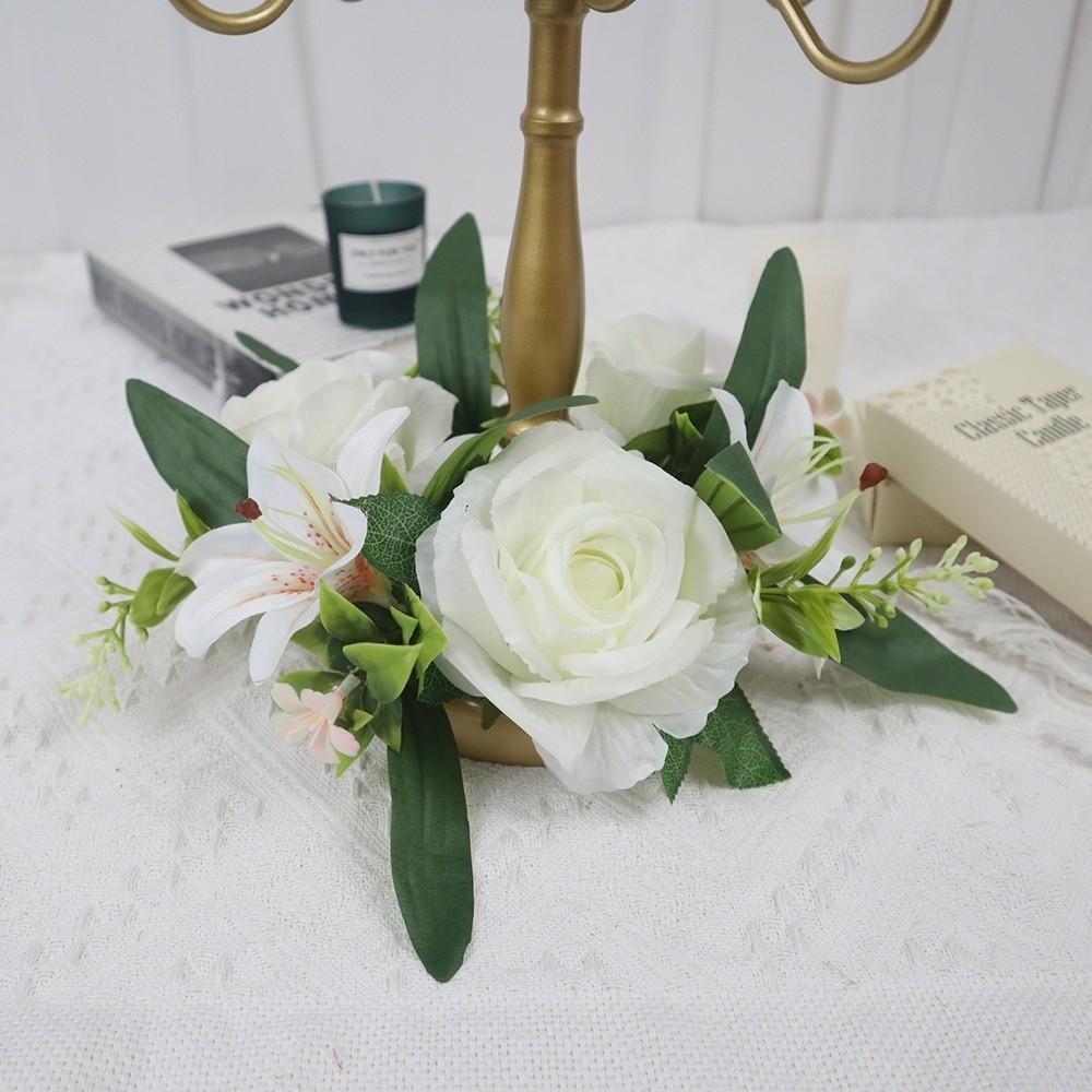 Umělé květiny Prsten na svíčku Simulovaný mini růžový věnec Věnec na svícen Vánoční ozdoba