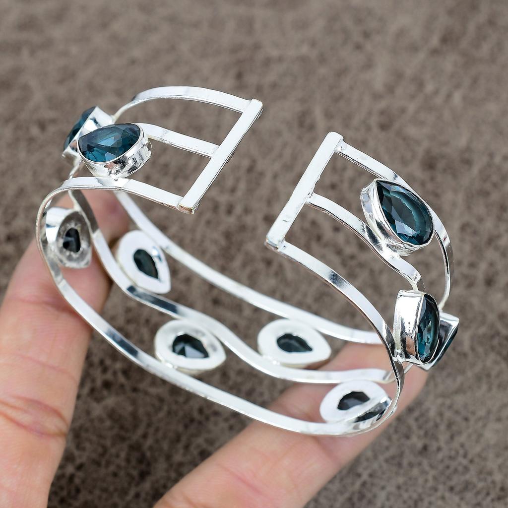Iolite Quartz Gemstone Handmade 925 Sterling Silver Cuff Bangle Adjustable KKG-197