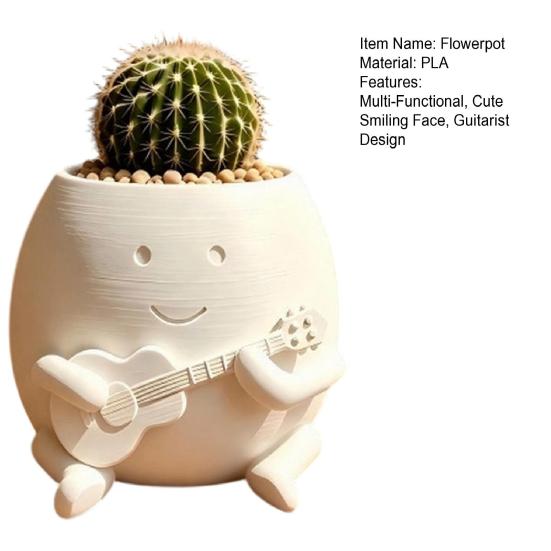 Guitarist Big Head Planter, Cute Smiling Face Flower Pot, Fun Guitar Player Plant Pot for Succulents Cacti Desk Shelf