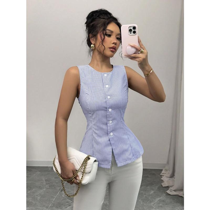 women s Striped Sleeveless Button Waist Cinched Slim Fit Blouse Casual Tank Top Shirt S синий