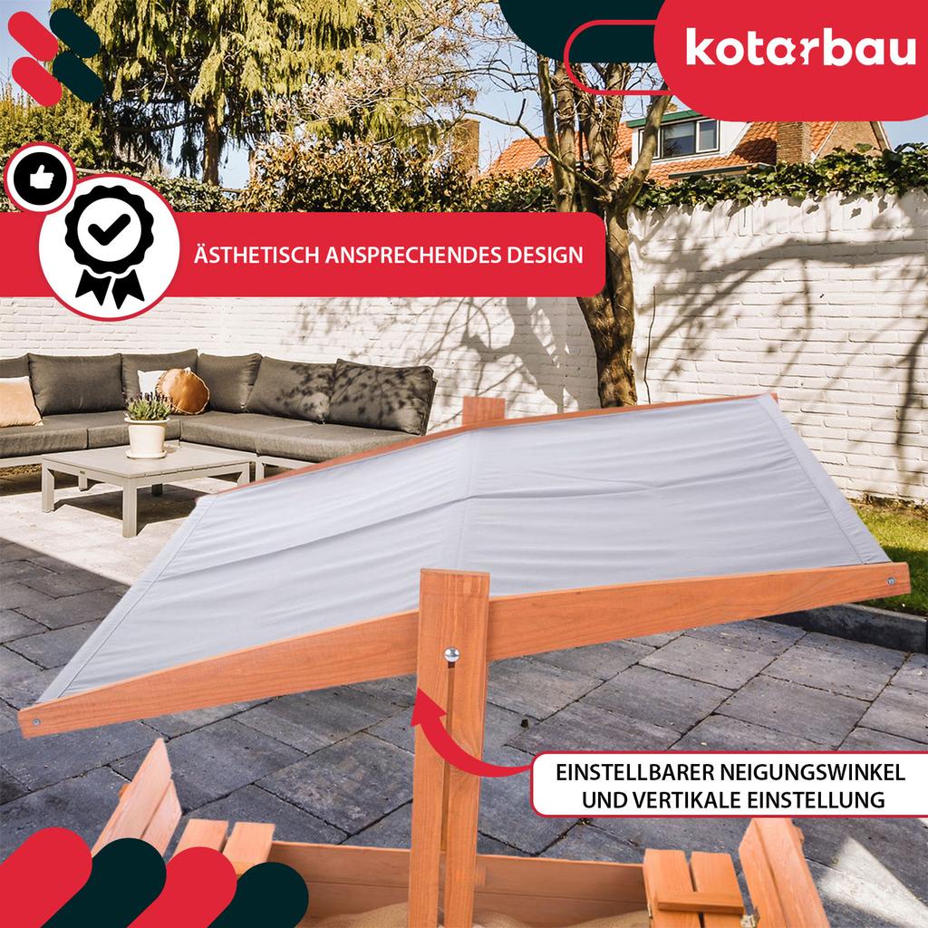 KOTARBAU® Large Wooden Sandbox with Grey Roof, Impregnated, Closed, with Benches, Brown, 100 X 100 CM
