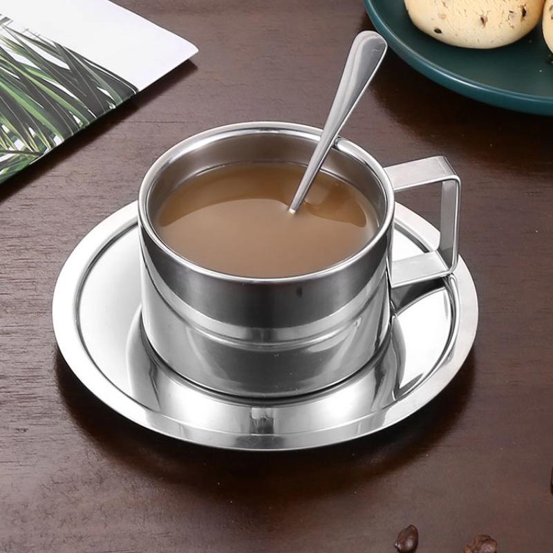 Ensemble Tasse à Café & Thé à Double Paroi en Acier Inoxydable 304 avec Cuillère