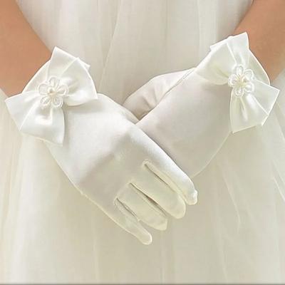 Guantes Infantiles de Satén con Flor Dulce Guantes Blancos para Niños Niñas Guantes de Boda con Lazo Moda Infantil Guantes de Manopla para Niños