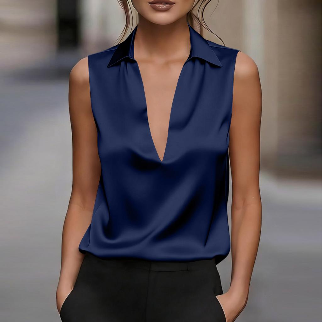 Blusa da Donna Colorata in Raso con Scollo a V e Senza Maniche per la Sera