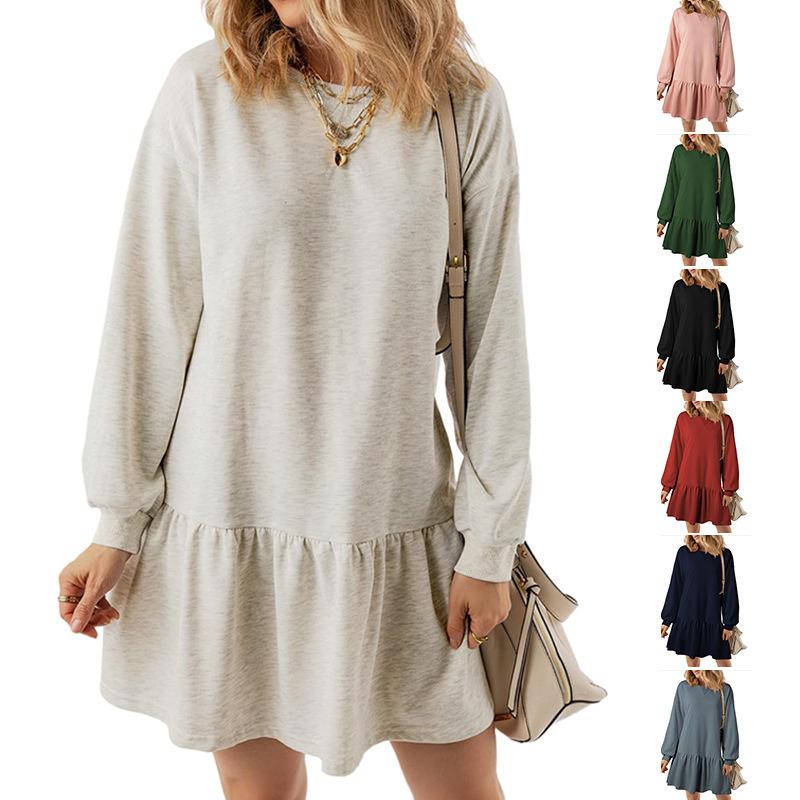 Ribbed Knitted Splicing Solid Color Long-sleeved Casual Mini Dress