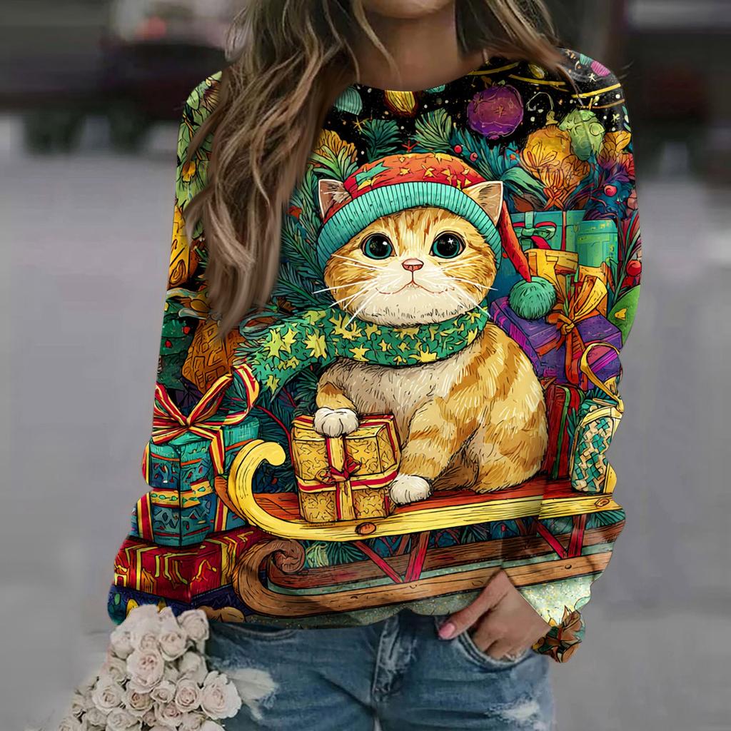 Women's Fashion Casual Long Sleeve Christmas Printed Neck Sweatshirt Top