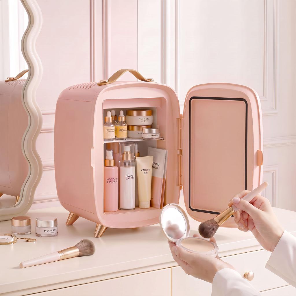 Mini Fridge 6 Liter LED Mirror Cosmetics Fridge Pink