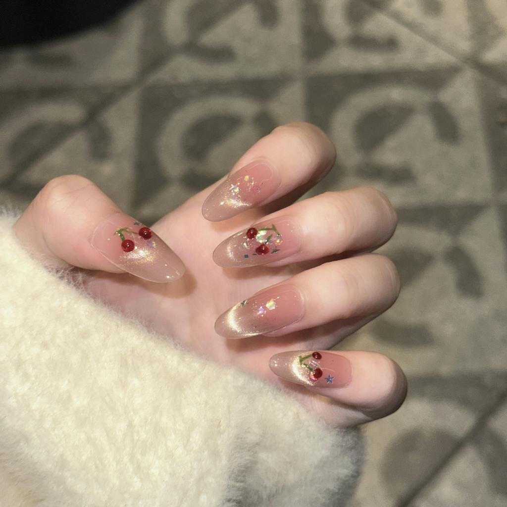 Smiling Cat Eye French Hand-painted Cute Cherry Sequin Glitter Nail Art Patch Wear Nail Pure Handmade