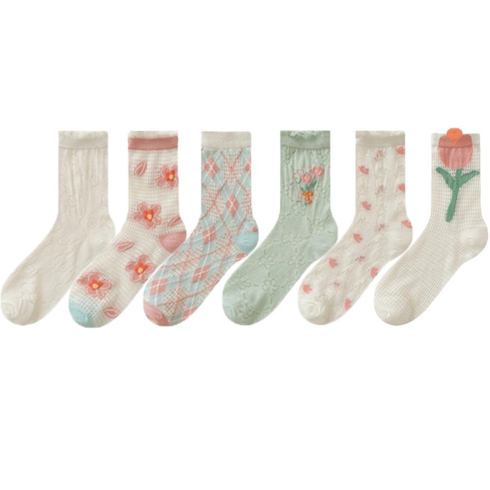 6Pairs Mesh Hollow Transparent Flower Socks Ruffle Sweet Socks Women Ins Style Mid Tube Socks  Girl