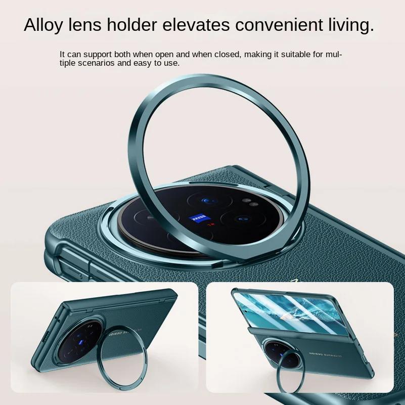 Luxury Leather With Front Screen Tempered Glass Protector Case For VIVO X Fold 6 Spring Hinged Camera Holder Cover