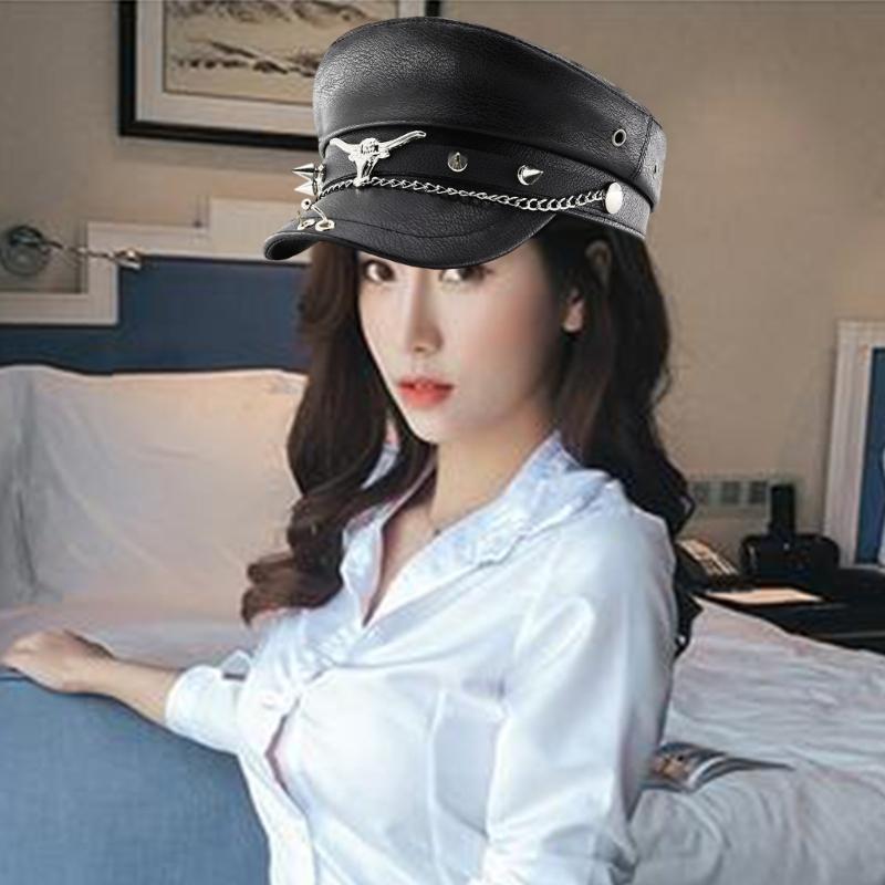 Contemporary Militaries Cap With Bullhead Rivet Chain Design Breathable Adjustable Outdoor Hat for Women Girls
