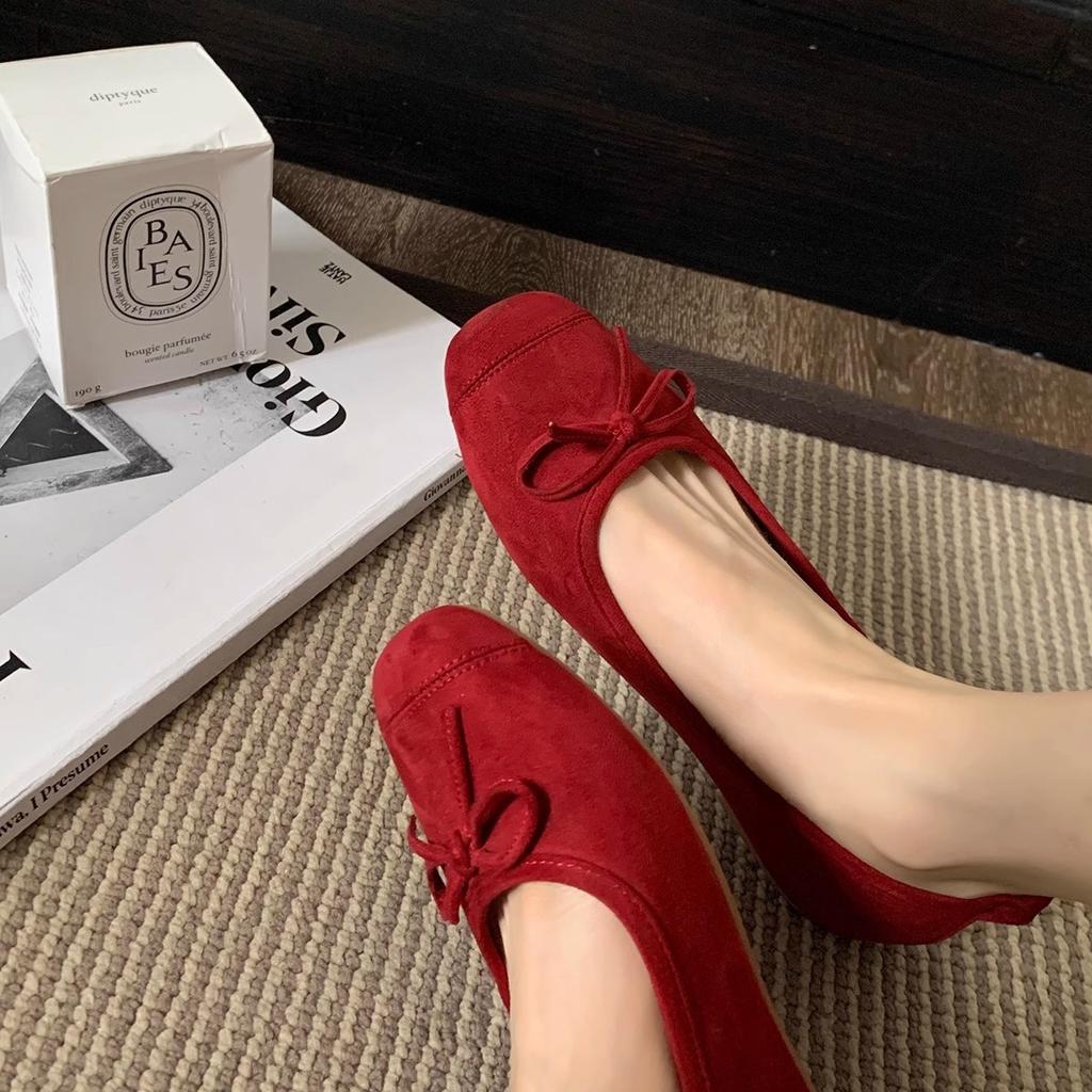 Sheepskin Version of Grape Mother, the Same Round Head Ballet Style Bow Flat Shoes, Soft Shallow Mouth Single Shoes Women's Leather Ladyshoes