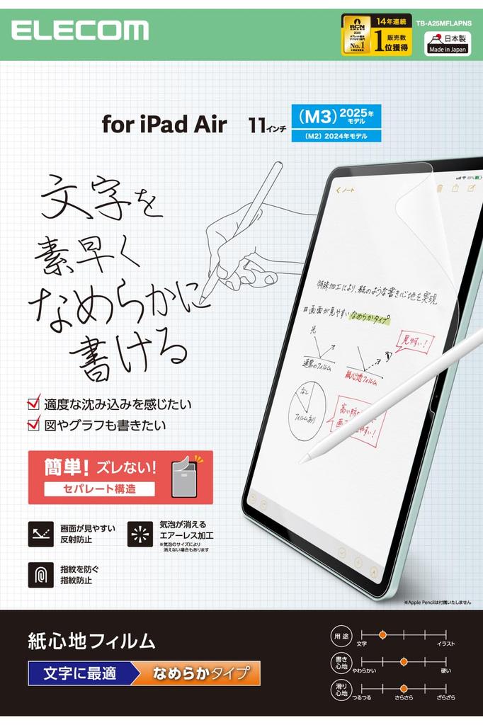 Elecom IPad Air 11 Inch Film Paper Texture Smooth Type Easy To Apply Repositionable (M3/M2) 2025/2024 Anti-Reflective Anti-Glare TB-A25MFLAPNS