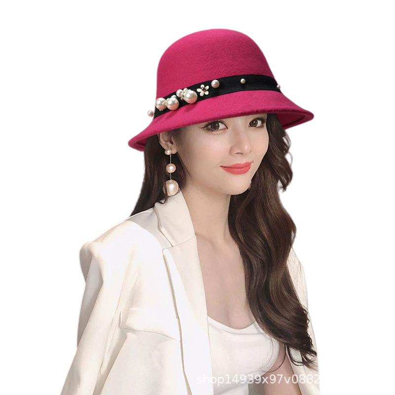 Autumn and winter new women's woolen top hat Hepburn style small brim basin hat pearl decoration French retro fashion shows small face
